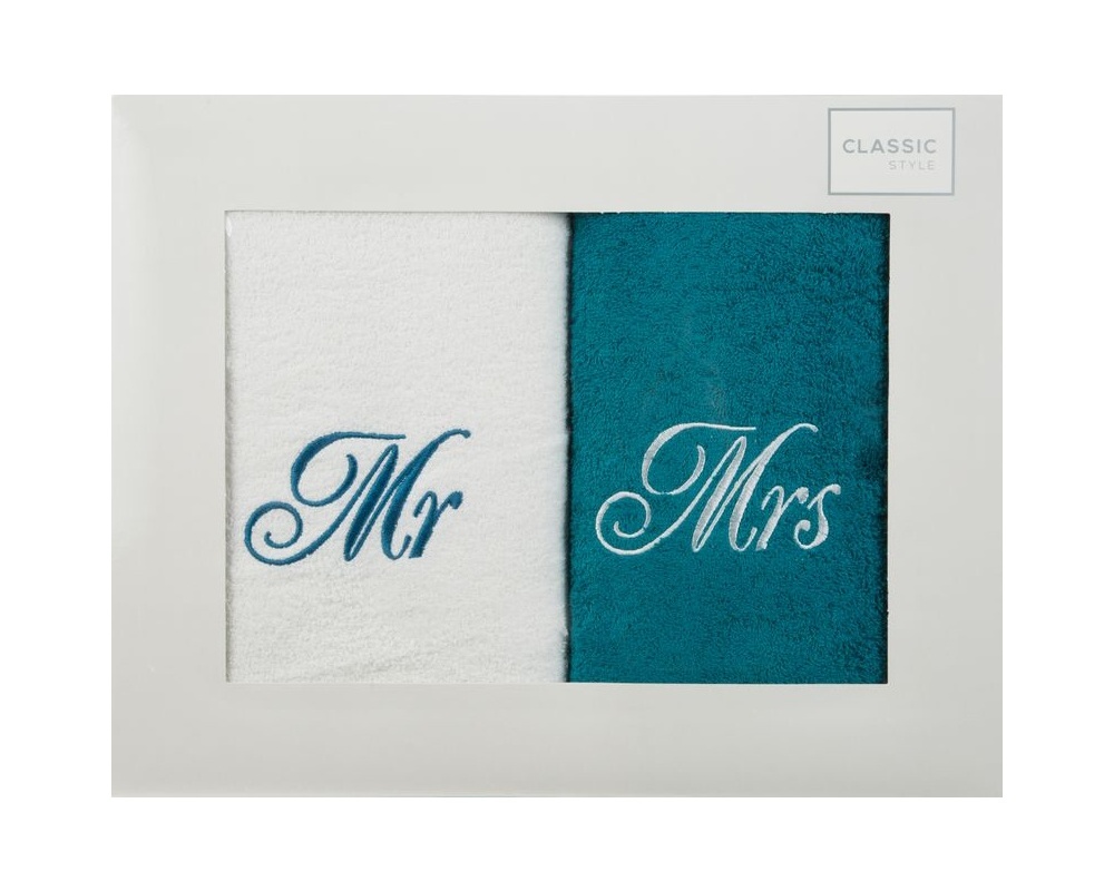Darčekové balenie uterákov Mr & Mrs – biela, tyrkysová 50 x 90 cm
